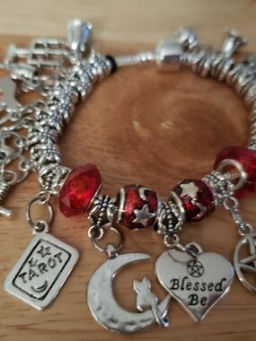 Blessed Be Charm Bracelet W Red Moon / Star Charms Wiccan Pagan CELTIC Design